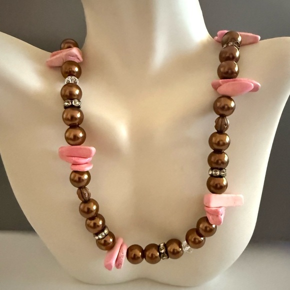 Pink Natural Gemstone Chocolate Colored Faux Pearl Necklace - Picture 5 of 7